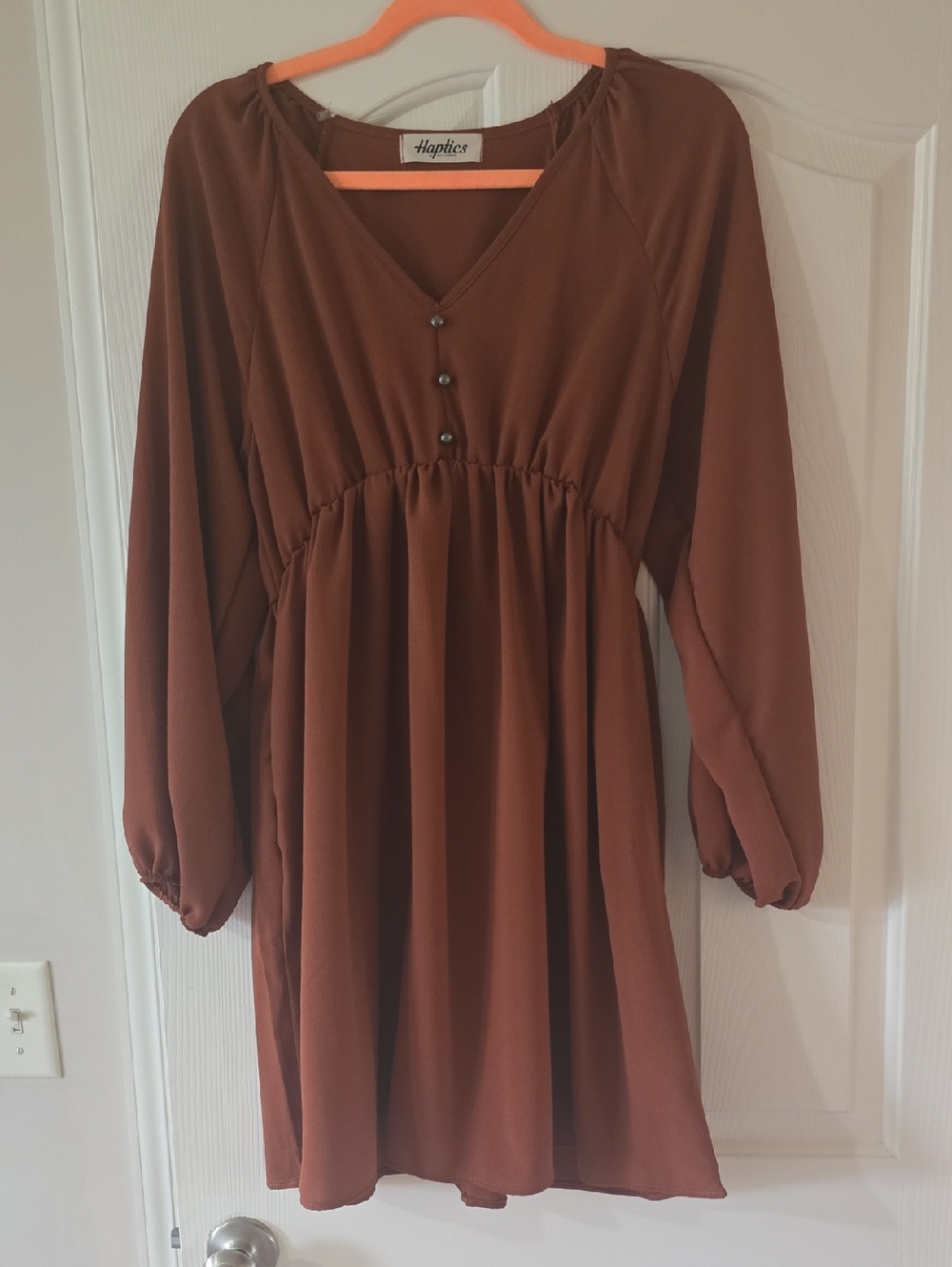 Brown Long-Sleeve V-Neck Dress